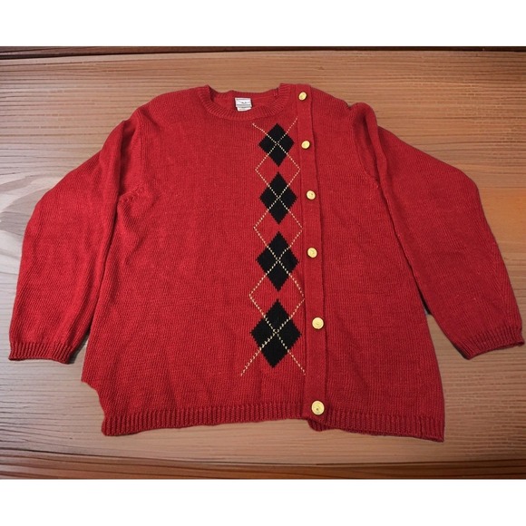 Jantzen Sweaters - Vintage Jantzen Sweater Womens L Red Argyle Long Sleeve Button Accents